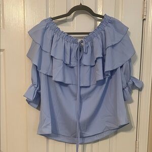 Women's Light Blue Off-Shoulder Ruffle Blouse with Tie